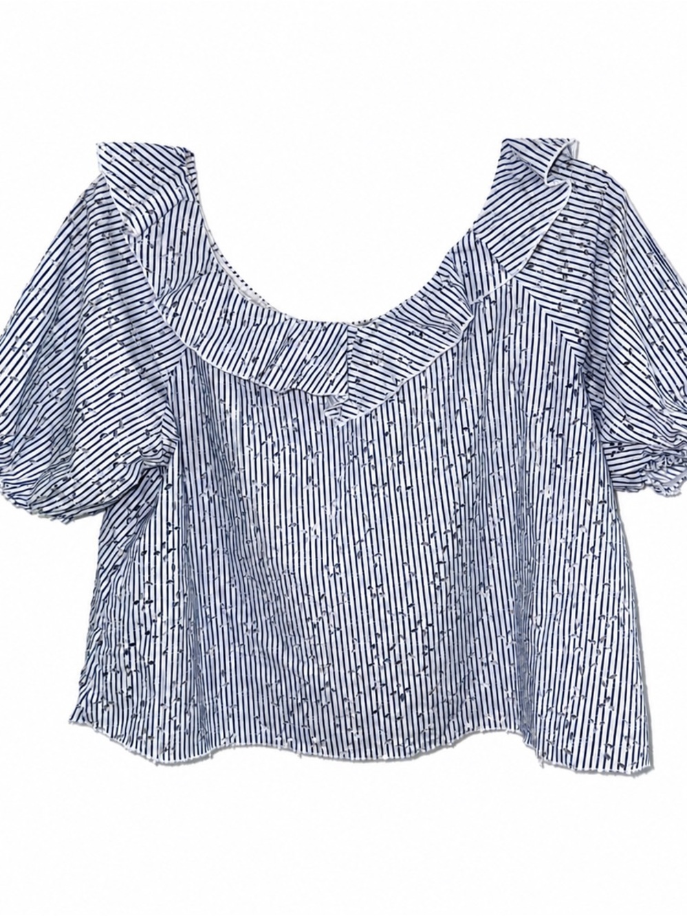 Zara Women's Navy & White Eyelet Striped Ruffled Neck Blouse Size M